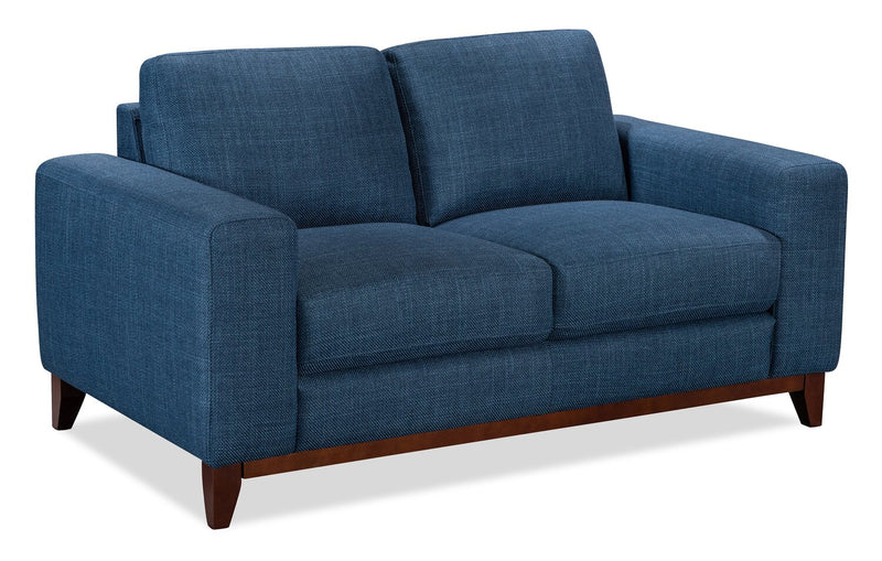 Causeuse River de 63,3 po en tissu d’apparence lin avec base et pattes en bois - bleue