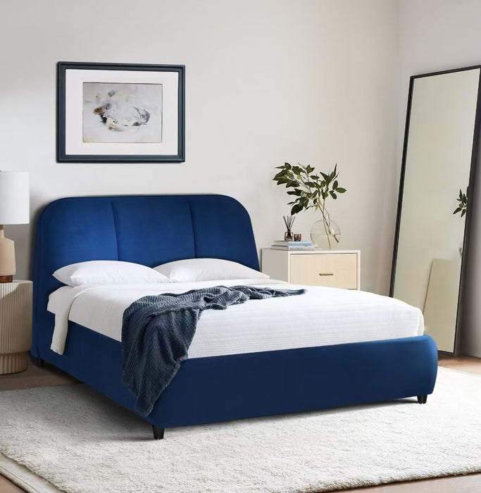 Lit plateforme rembourré Mave en tissu de velours bleu - format grand lit
