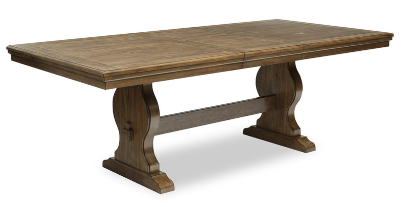 Ensemble de salle à manger Clara 5 pièces avec table, rallonge de 68 po à 86 po (L), base à tréteaux et 4 chaises - brun