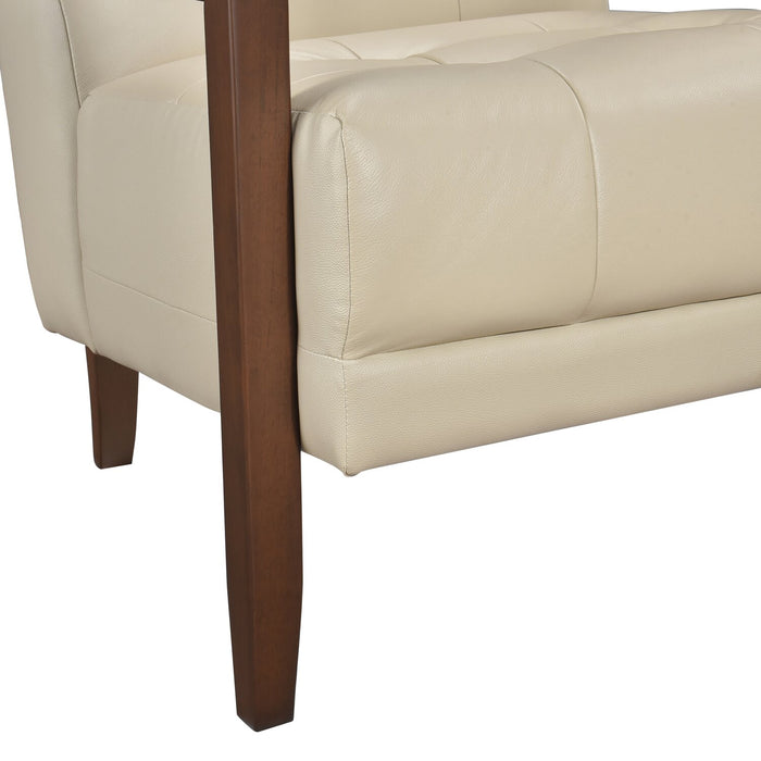 Fauteuil d’appoint Enzo de 26 po en cuir véritable avec capitonnage en biscuit, accoudoirs rectilignes et pattes en bois - beige