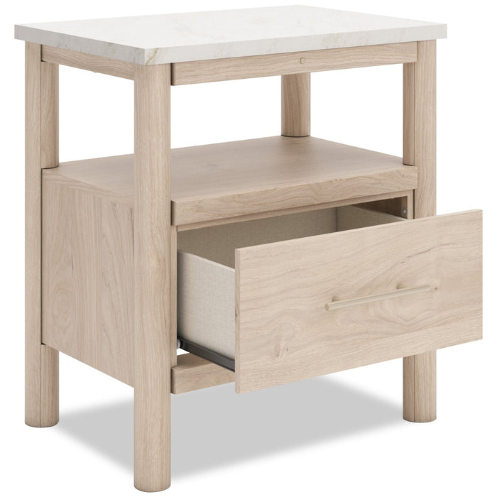 Ensemble de chambre à coucher Jolie 5 pièces avec lit en tissu bouclé, commode et miroir, naturel - format lit double