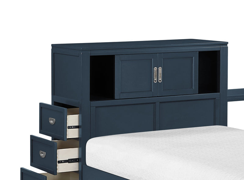 Lit plateforme Quinn avec tête de lit bibliothèque, bureau intégré et tabouret, bleu - format lit simple