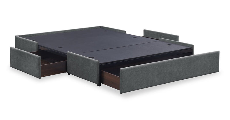 Lit de rangement Amos rembourré en tissu anthracite avec tête de lit à canaux et 3 tiroirs intégrés - format grand lit