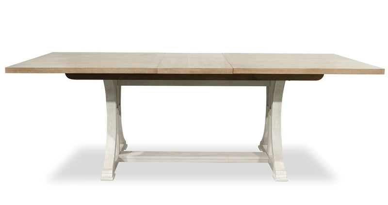 Ensemble de salle à manger Quill 7 pièces avec table de 72 po à 90 po (L), base à tréteaux et 6 chaises - blanc antique et brun