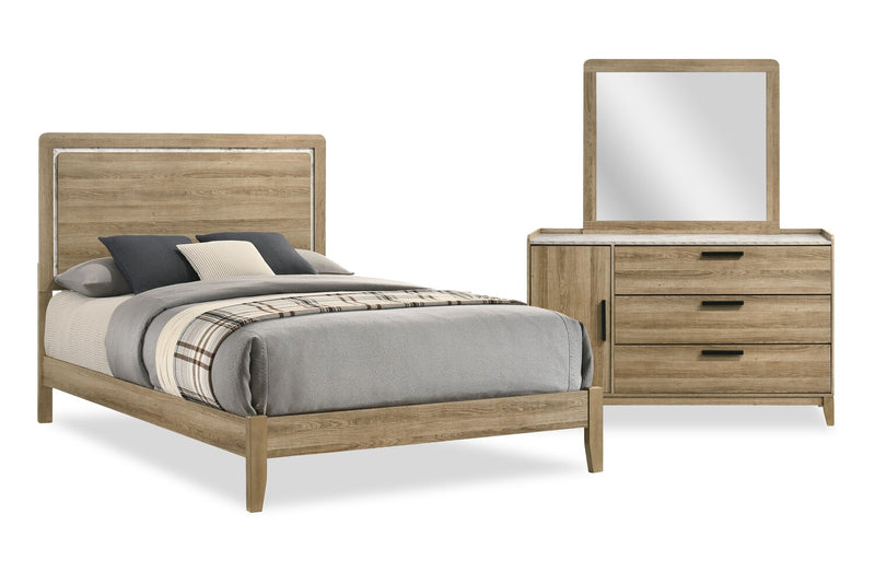 Ensemble de chambre à coucher Sable brun clair 5 pièces avec lit, commode et miroir - format grand lit
