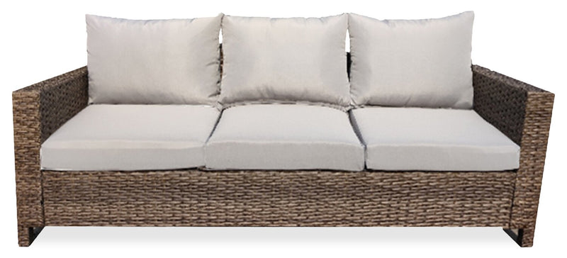 Ensemble de conversation Miami 3 pièces pour la terrasse à l’extérieur avec sofa, pouf et table à café à dessus en verre - osier en résine tressé à la main, résistant aux rayons UV et aux intempéries - brun et taupe