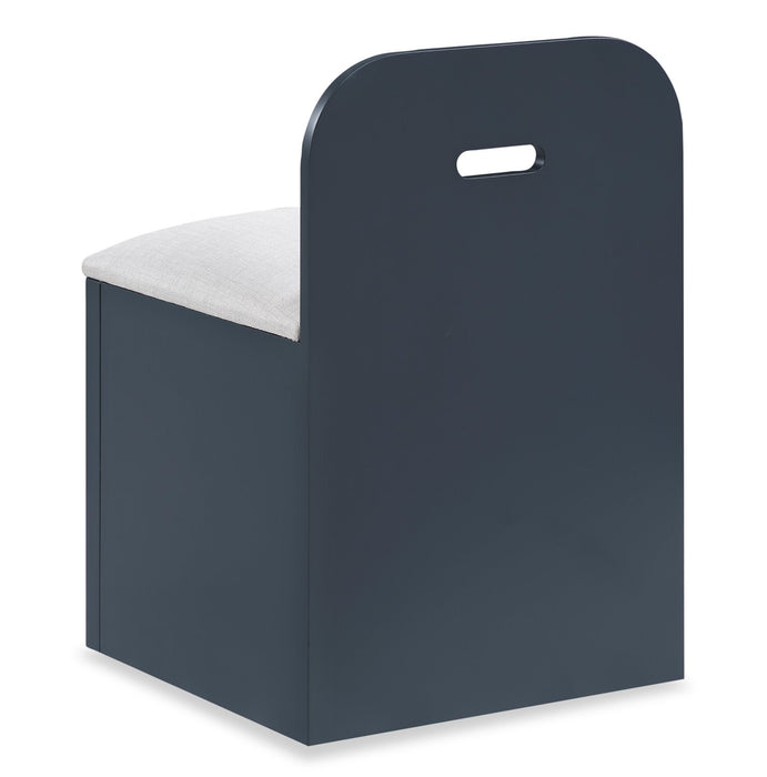 Lit plateforme Quinn avec tête de lit bibliothèque, bureau intégré et tabouret, bleu - format lit simple