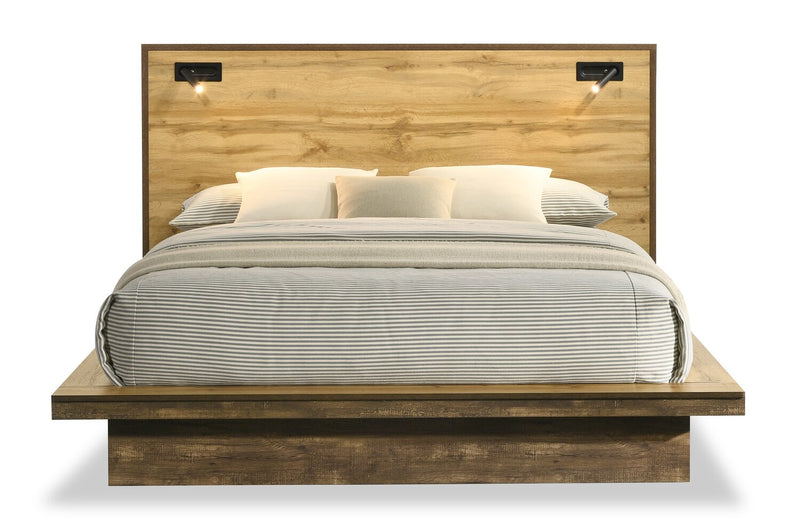 Ensemble de chambre à coucher Silas 5 pièces brun rustique avec lit plateforme, commode, miroir et éclairage à DEL - format grand lit