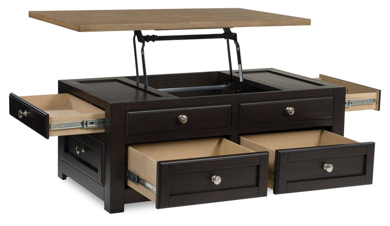 Table à café Wells de 46 po en bois massif avec dessus relevable, rangement et roulettes - deux teintes de brun