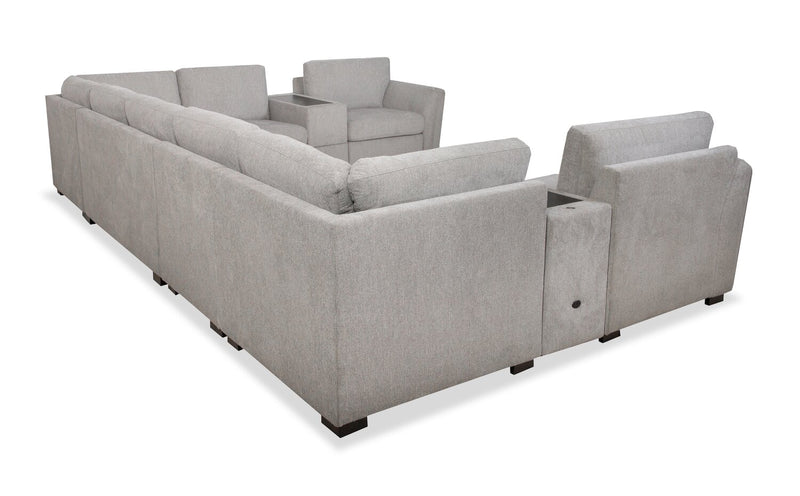 Sofa sectionnel Vault 9 pièces avec causeuse-lit, 4 fauteuils de rangement et console de rangement avec USB - gris