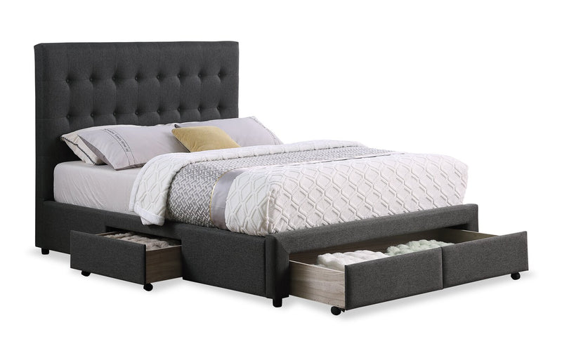 Lit rembourré Beck en tissu gris foncé avec rangement et capitonnage à boutons - format très grand lit