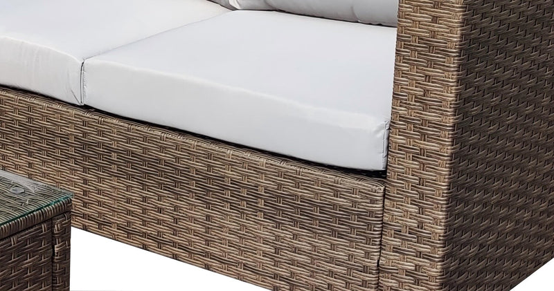 Ensemble de conversation Miami 3 pièces pour la terrasse à l’extérieur avec sofa, pouf et table à café à dessus en verre - osier en résine tressé à la main, résistant aux rayons UV et aux intempéries - brun et taupe