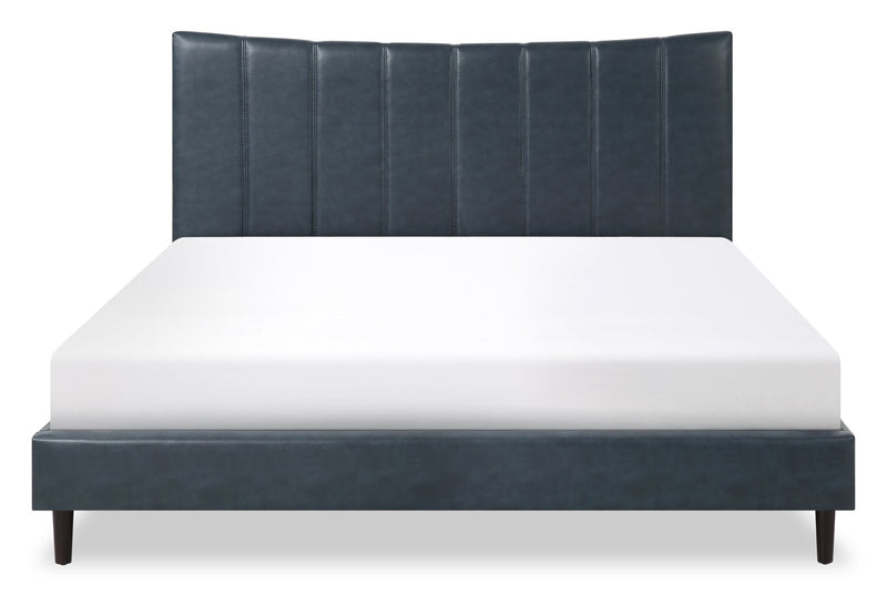 Lit plateforme rembourré Paseo en tissu de cuir végétalien bleu marine - format très grand lit