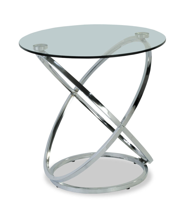 2 tables modernes Hendrix de 36 po (table à café et table de bout) avec dessus en verre - chromées avec base en métal