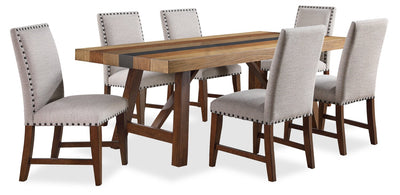 Boden 7pc Dining Set with Table & 6 Nailhead Trim Chairs, Trestle Base, 78"W - Brown & Beige | Ensemble de salle à manger Boden 7 pièces avec table de 78 po (L), base à tréteaux et 6 chaises à bordure de clous décoratifs - brun et beige