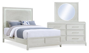 Ensemble de chambre à coucher Vida 5 pièces sable avec lit à panneaux, commode et miroir - format grand lit