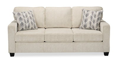 Made in Canada Lennox 79" Chenille Fabric Sofa with Reversible Cushions and Accent Pillows - Taupe | Sofa Lennox de 79 po fabriqué au Canada en tissu de chenille avec coussins réversibles et coussins décoratifs - taupe