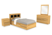  Ensemble lit matelot Riley 6 pièces avec tête de lit bibliothèque, commode, miroir et table de nuit, naturel - format lit simple