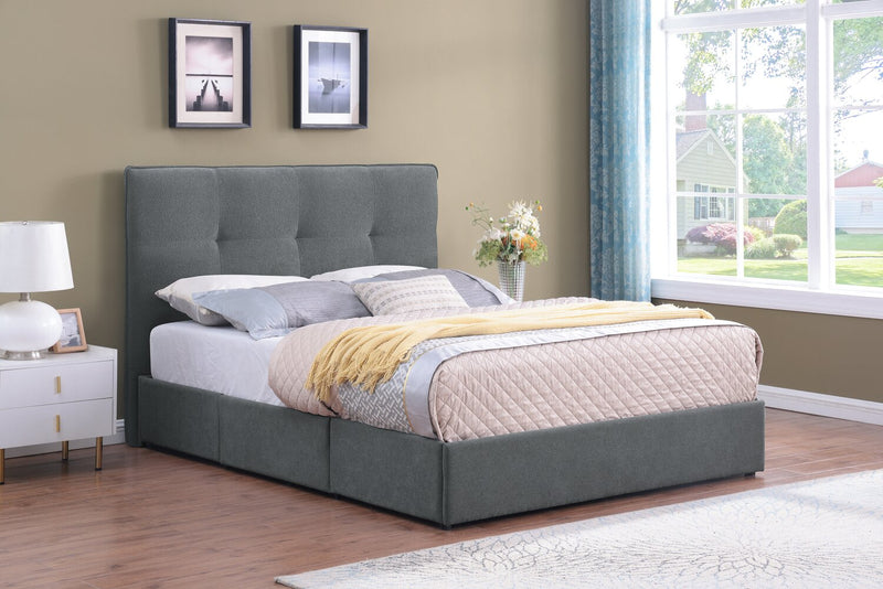 Lit de rangement Amos rembourré en tissu anthracite avec tête de lit capitonnée et 3 tiroirs intégrés - format très grand lit