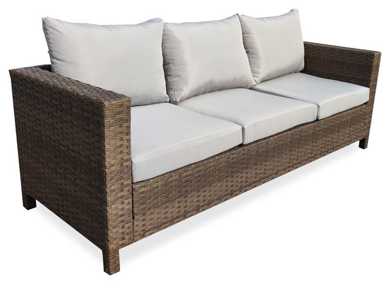 Ensemble de conversation Miami 3 pièces pour la terrasse à l’extérieur avec sofa, pouf et table à café à dessus en verre - osier en résine tressé à la main, résistant aux rayons UV et aux intempéries - brun et taupe