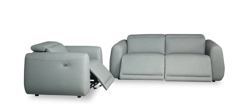 Sofa à inclinaison électrique Gianna de 76 po en cuir véritable avec appuie-têtes électriques et ports USB - bleu spa
