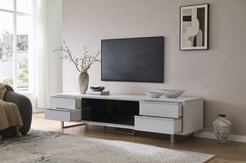 Meuble pour téléviseur moderne Amelia de 89 po x 22 po avec rangement et système de gestion des câbles pour téléviseurs jusqu’à 100 po - deux teintes, blanc et noir
