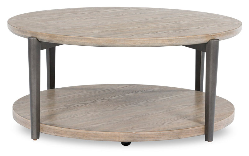 Table à café ronde moderne Lloyd de 43 po avec tablette et roulettes - gris-brun