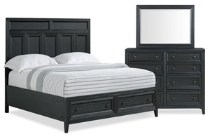Ensemble de chambre à coucher Casa 5 pièces en bois avec lit, commode et miroir, noir - format grand lit