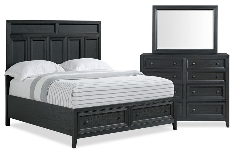 Ensemble de chambre à coucher Casa 5 pièces en bois avec lit, commode et miroir, noir - format grand lit