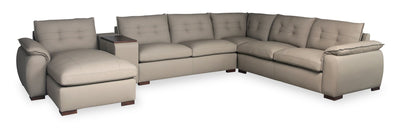 Raya Modular 5-Piece Left-Facing Genuine Leather Sectional with Storage Console and Wood Legs - Stone Beige | Sofa sectionnel modulaire de gauche Raya 5 pièces en cuir véritable avec console de rangement et pattes en bois - beige pierre