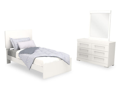 Riley 5pc Bedroom Set with Panel Bed, Dresser & Mirror, Made in Canada, White - Twin Size | Ensemble de chambre à coucher Riley 5 pièces avec lit à panneaux, commode et miroir, fabriqué au Canada, blanc - format lit simple