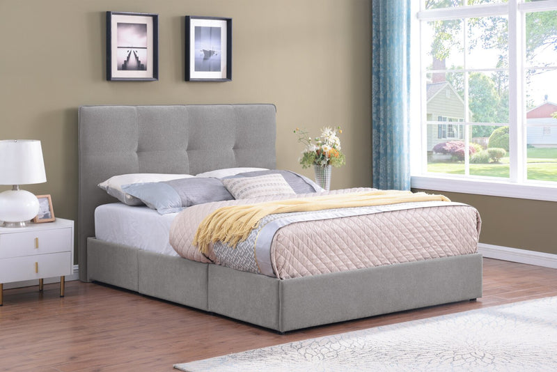Base de lit de rangement Amos rembourrée en tissu gris avec 3 tiroirs intégrés - format très grand lit