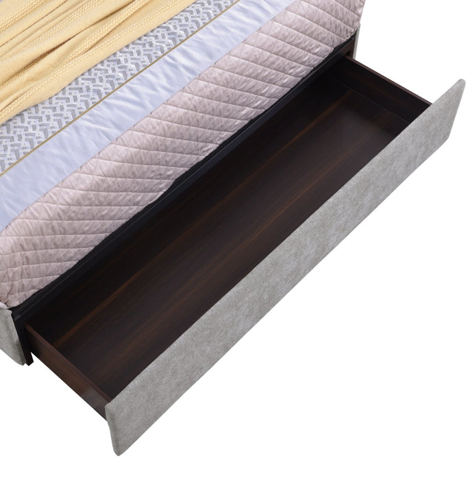 Lit de rangement Amos rembourré en tissu gris avec tête de lit capitonnée et 3 tiroirs intégrés - format lit double