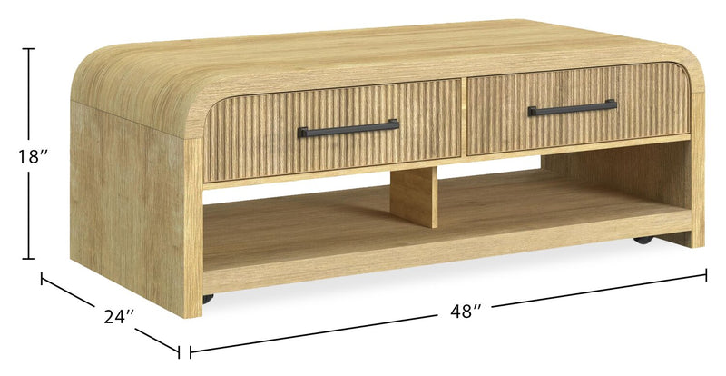 Table à café moderne Scott Living Lenore de 48 po avec rangement, tablette et roulettes - naturelle