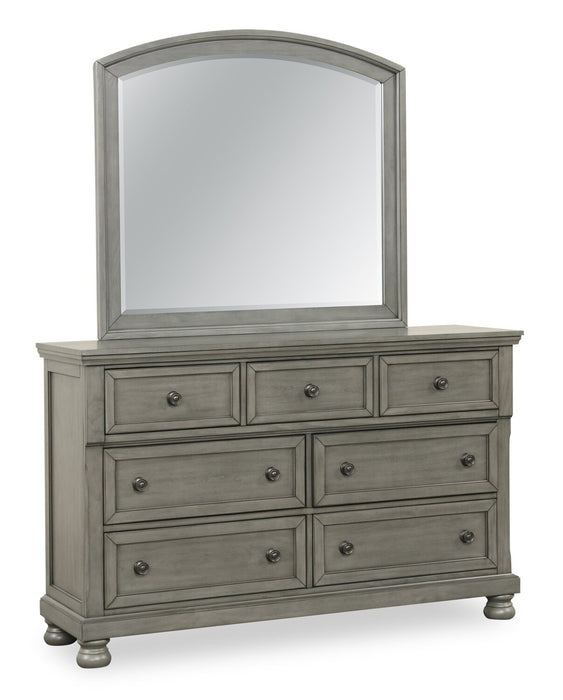 Ensemble de chambre à coucher Chelsea 6 pièces gris avec lit de rangement, commode et miroir - format très grand lit