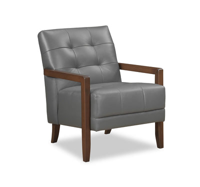Enzo 26" Genuine Leather Accent Chair with Biscuit Tufting, Track Arms and Wood Legs - Dark Grey | Fauteuil d’appoint Enzo de 26 po en cuir véritable avec capitonnage en biscuit, accoudoirs rectilignes et pattes en bois - gris foncé