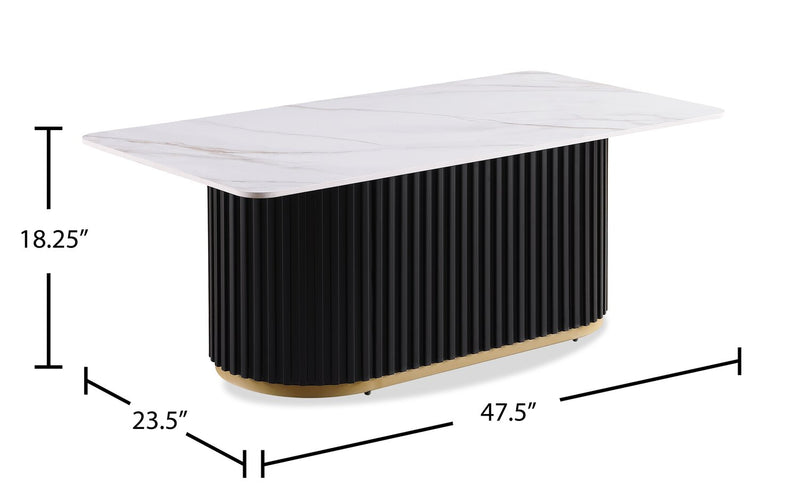Table à café rectangulaire moderne Capri Kort & Co. de 47,5 po avec dessus en pierre frittée blanche - noire et dorée