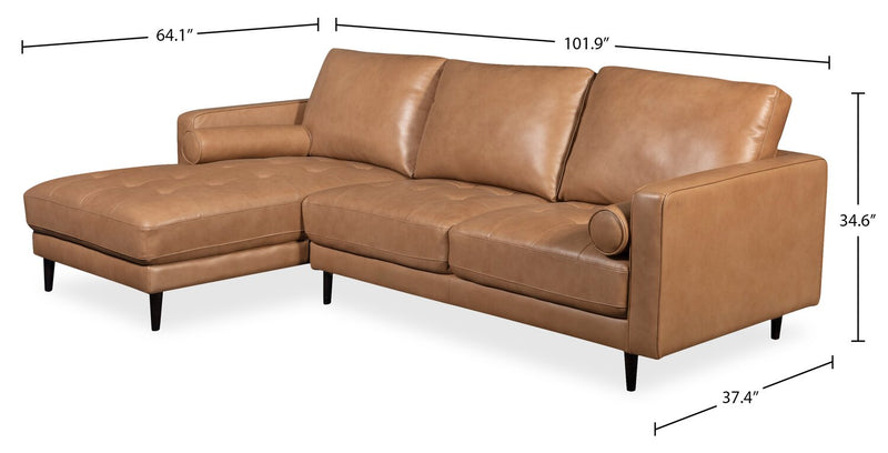 Sofa sectionnel de gauche Edge 2 pièces en cuir véritable avec pattes en bois et coussins de dossier amovibles - brun