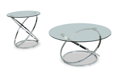 Hendrix 36" Modern 2-Pack Glass Top Coffee + End Table - Chrome with Metal Base | 2 tables modernes Hendrix de 36 po (table à café et table de bout) avec dessus en verre - chromées avec base en métal