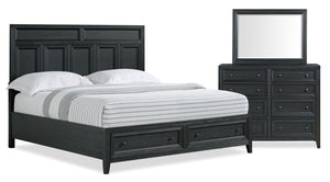 Ensemble de chambre à coucher Casa 5 pièces en bois avec lit, commode et miroir, noir - format très grand lit