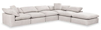  Sofa sectionnel modulaire de style cocon Eclipse 6 pièces en tissu d’apparence lin avec coussins réversibles en duvet et plumes - blanc lin