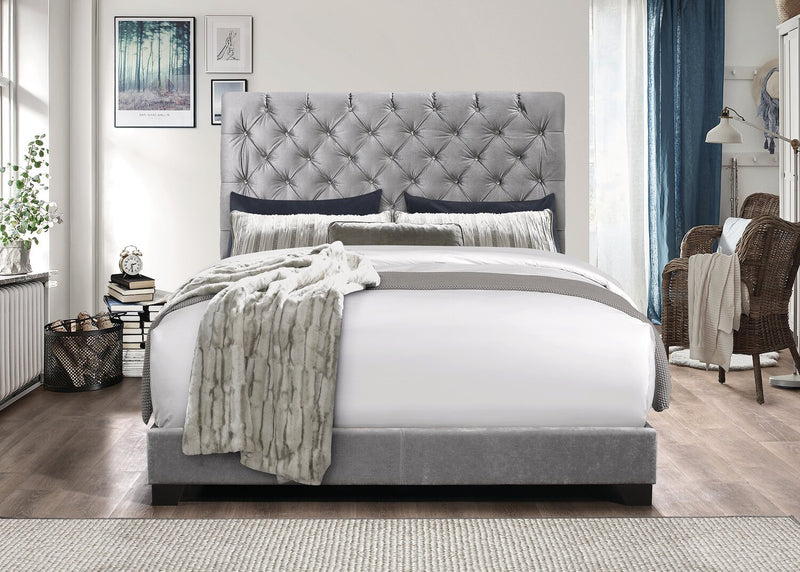 Lit rembourré Candace en tissu de velours gris avec capitonnage à boutons - format lit double