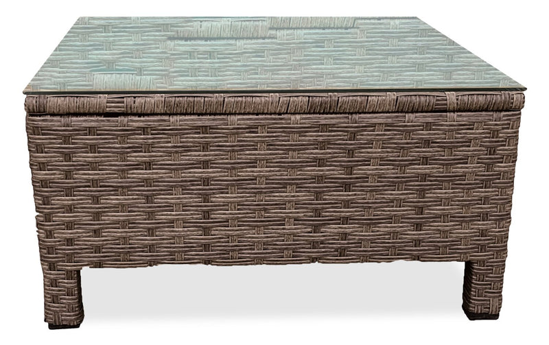 Ensemble de conversation Miami 3 pièces pour la terrasse à l’extérieur avec sofa, pouf et table à café à dessus en verre - osier en résine tressé à la main, résistant aux rayons UV et aux intempéries - brun et taupe