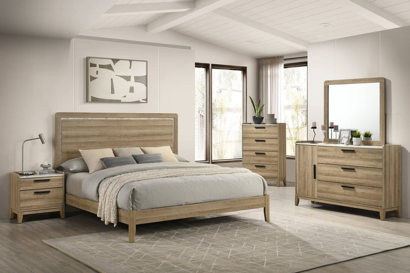 Ensemble de chambre à coucher Sable brun clair 6 pièces avec lit, commode, miroir et table de nuit - format très grand lit