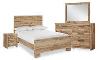  Ensemble de chambre à coucher Derekson 6 pièces avec lit à panneau, commode, miroir et table de nuit, naturel - format lit double