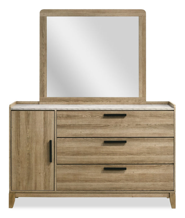 Ensemble de chambre à coucher Sable brun clair 6 pièces avec lit, commode, miroir et table de nuit - format lit double