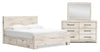 Ensemble de chambre à coucher Derekson 5 pièces blanc rustique avec lit de rangement latéral, commode et miroir - format très grand lit