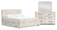  Ensemble de chambre à coucher Derekson 5 pièces blanc rustique avec lit de rangement latéral, commode et miroir - format très grand lit
