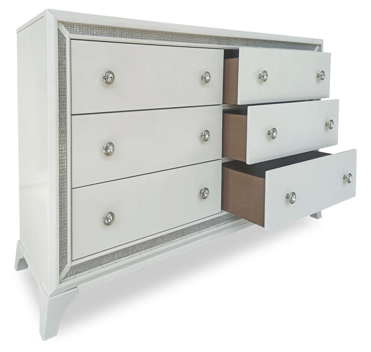 Commode somptueuse Halo de 58 po (l) x 35 po (H) à 6 tiroirs avec éclairage à DEL pour la chambre à coucher - blanche
