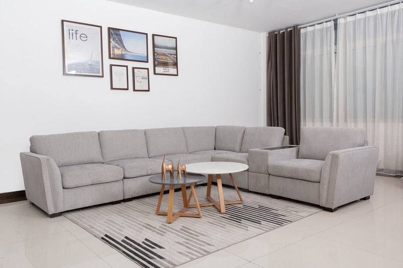 Sofa sectionnel Vault 7 pièces avec 5 fauteuils de rangement et console de rangement avec USB - gris